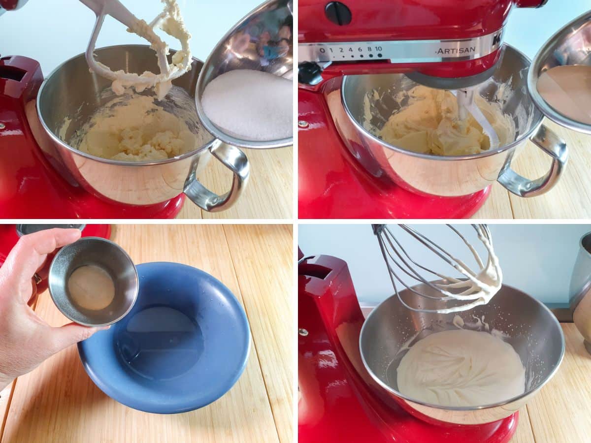 No Bake Baileys Cheesecake 5 Baileys Cheesecake process shots: adding sugar and Baileys to room temp cream cheese, blooming gelatine in water, whipping cream in a separate bowl.