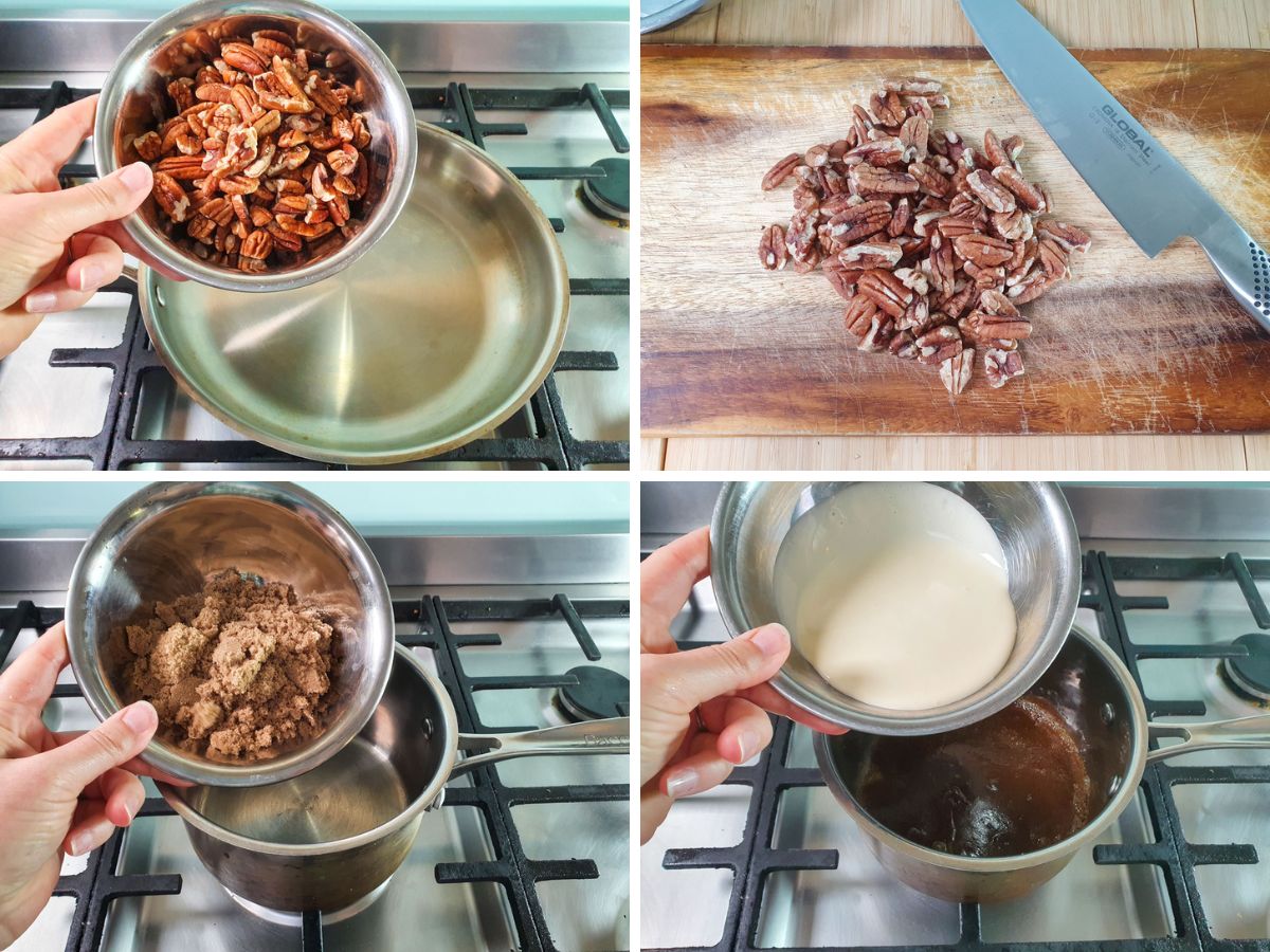 Making the caramel pecan topping: toasting pecans, chopping pecans for centre, adding sugar, butter, cream, vanilla and lemon to make caramel.