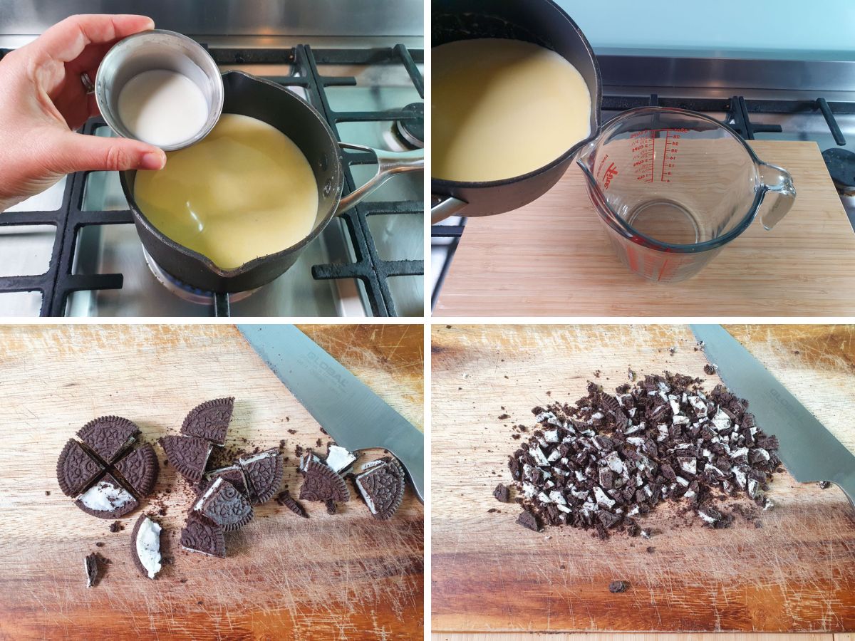 Process shots: adding tapioca starch slurry to ice cream mix, transferring ice cream mix to jug to chill, chopping Oreos into quarters for larger pieces, chopping Oreos into smaller pieces.