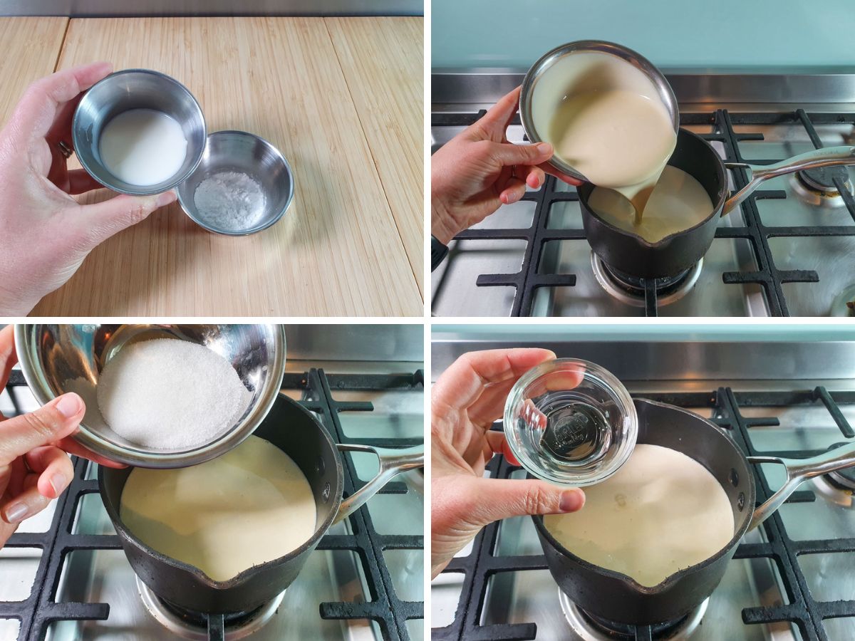Process shots: adding milk to tapioca starch to make slurry, adding milk, cream, sugar and glucose syrup to pot on stove.