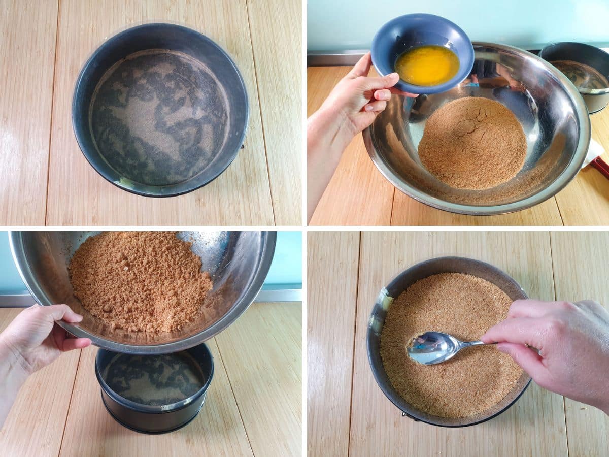 Process shots: lining cake tin, adding melted butter to graham cracker crumbs, tipping base mix into tin, firming down base mix with the back of a spoon.