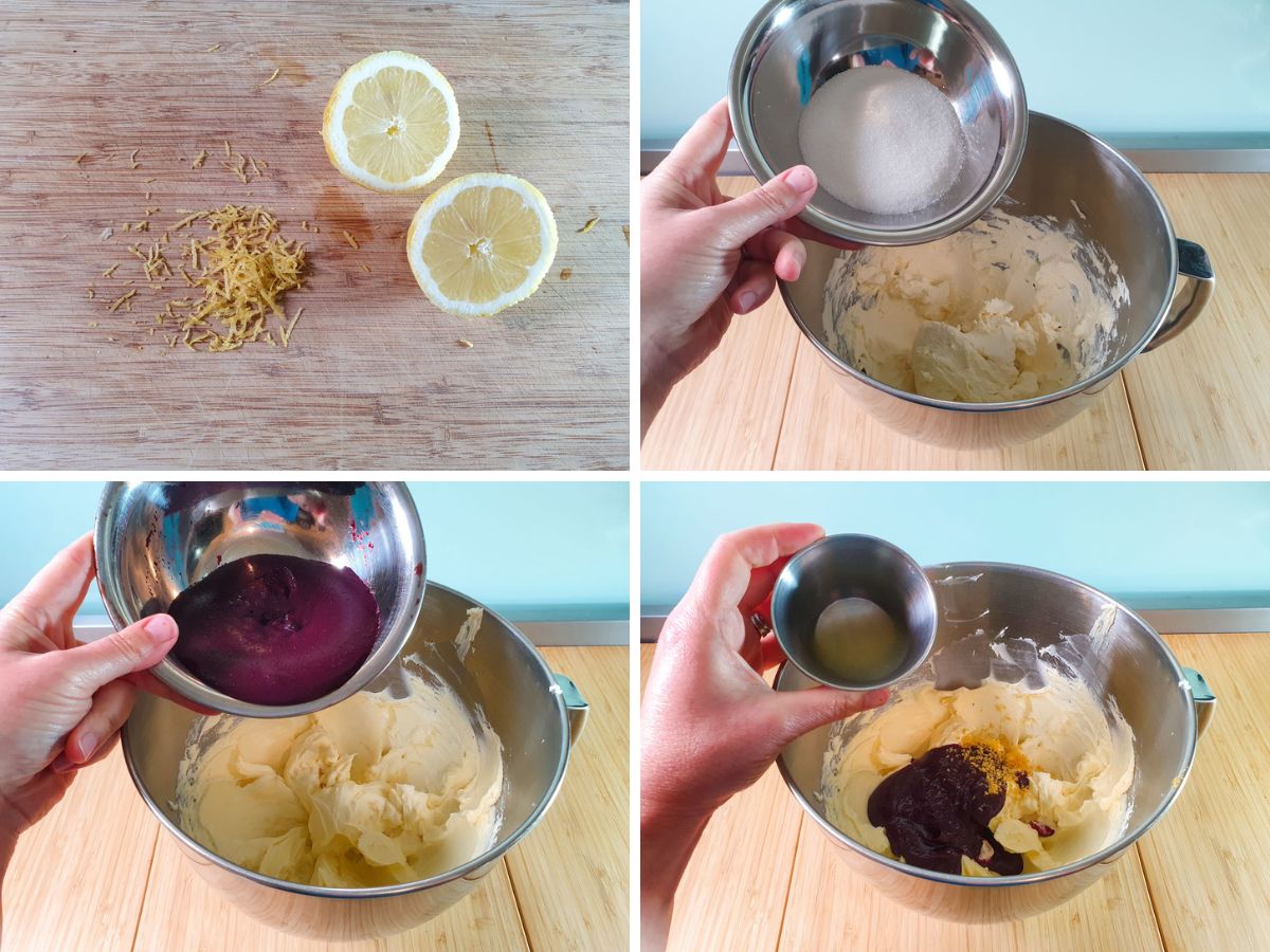 Process shots: juicing lemon, adding sugar to softened cream cheese, adding blueberry reduction to cream cheese mix, adding lemon juice.