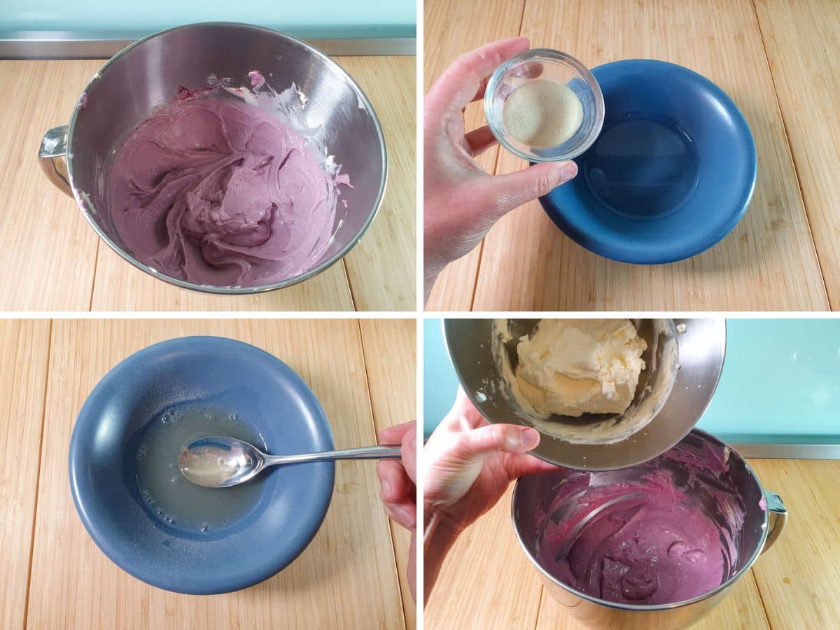 No Bake Blueberry Cheesecake 7 Process shots, cream cheese and blueberry filled, sprinkling gelatin over water, stirring bloomed, heated gelatine, adding whipped cream and gelatin to cream cheese mix.