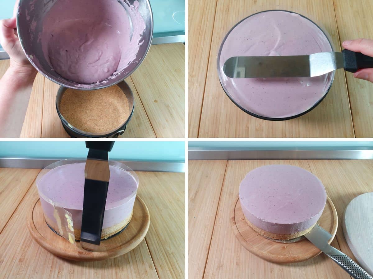 Process shots: tipping cheesecake filling onto chilled base, smoothing the top with a spatula. Removing acetate from sides of set cheesecake, transferring cake to serving board.