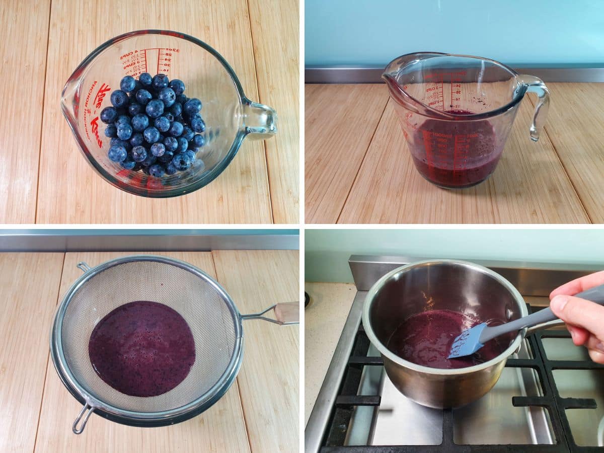 No Bake Blueberry Cheesecake 5 Process shots: fresh blueberries in a jug, blitzed blueberries, straining blueberry pulp, reducing blueberry pulp in a pot on the stove.