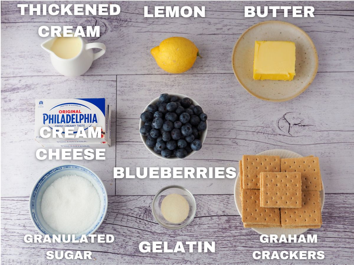 No Bake Blueberry Cheesecake 3 Ingredients: cream, lemon, unsalted butter, full fat cream cheese, fresh blueberries, granulated white sugar, gelatin, graham crackers.