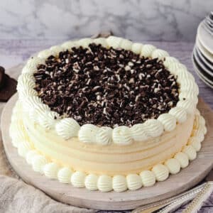Close up Oreo ice cream cake on a serving platter.