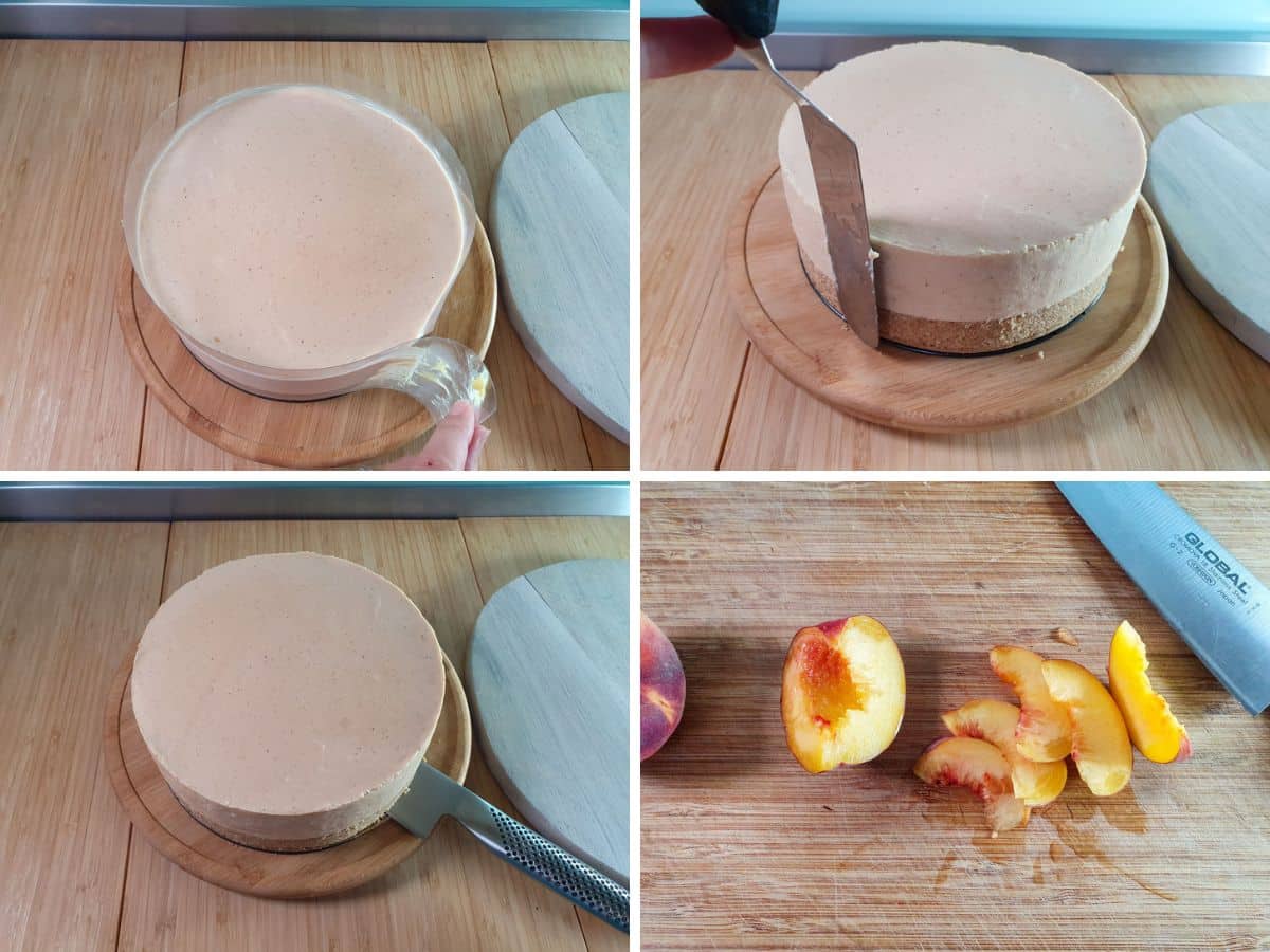 Peach Cheesecake 9 Process shots: peeling off the acetate, smoothing down sides with a spatula, transferring to serving board, slicing peaches for peach rose topping.