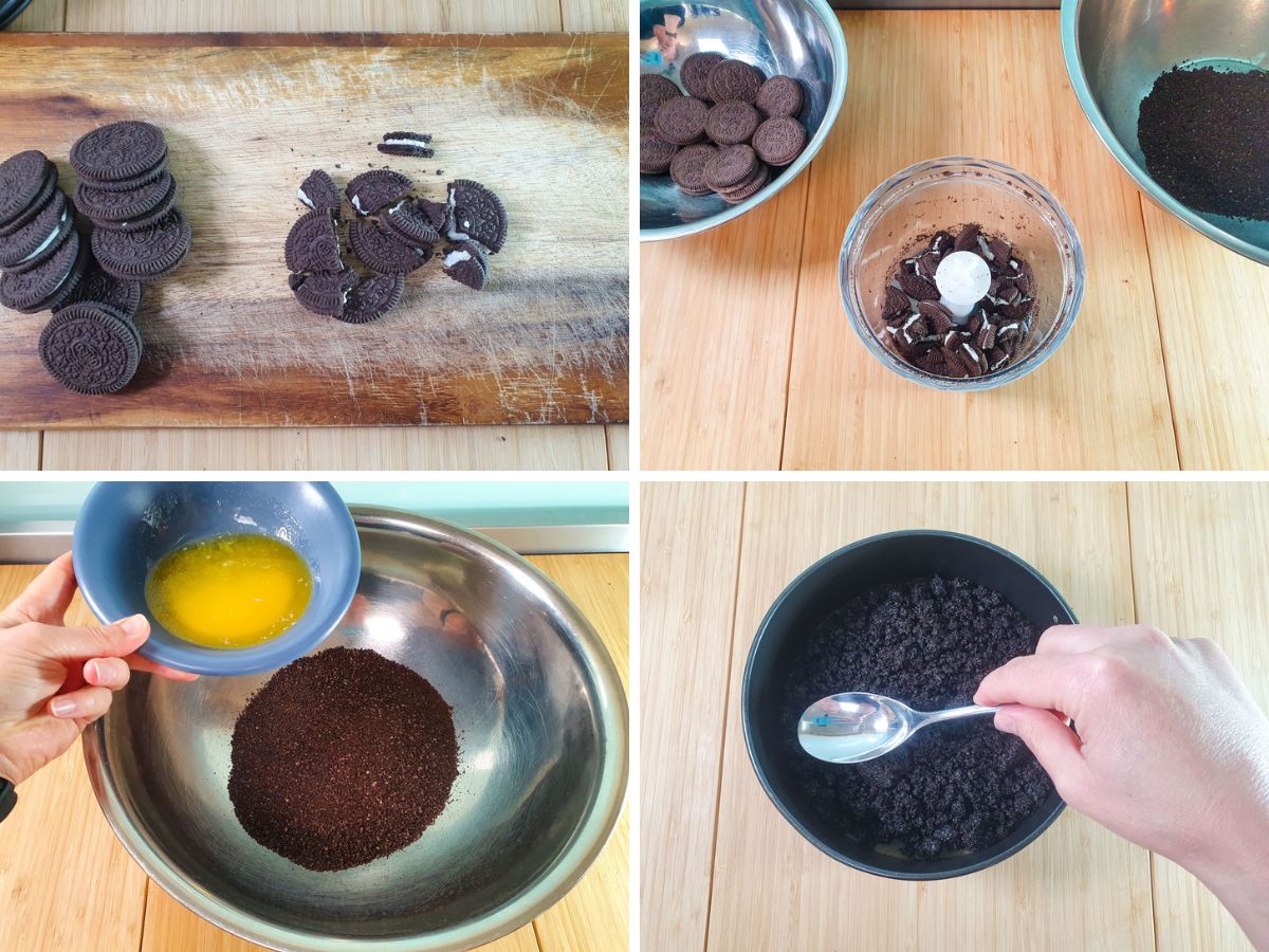 Process shots: breaking up Oreos, blitzing Oreos into crumbs, adding melted butter, making Oreo circle in springform tin.