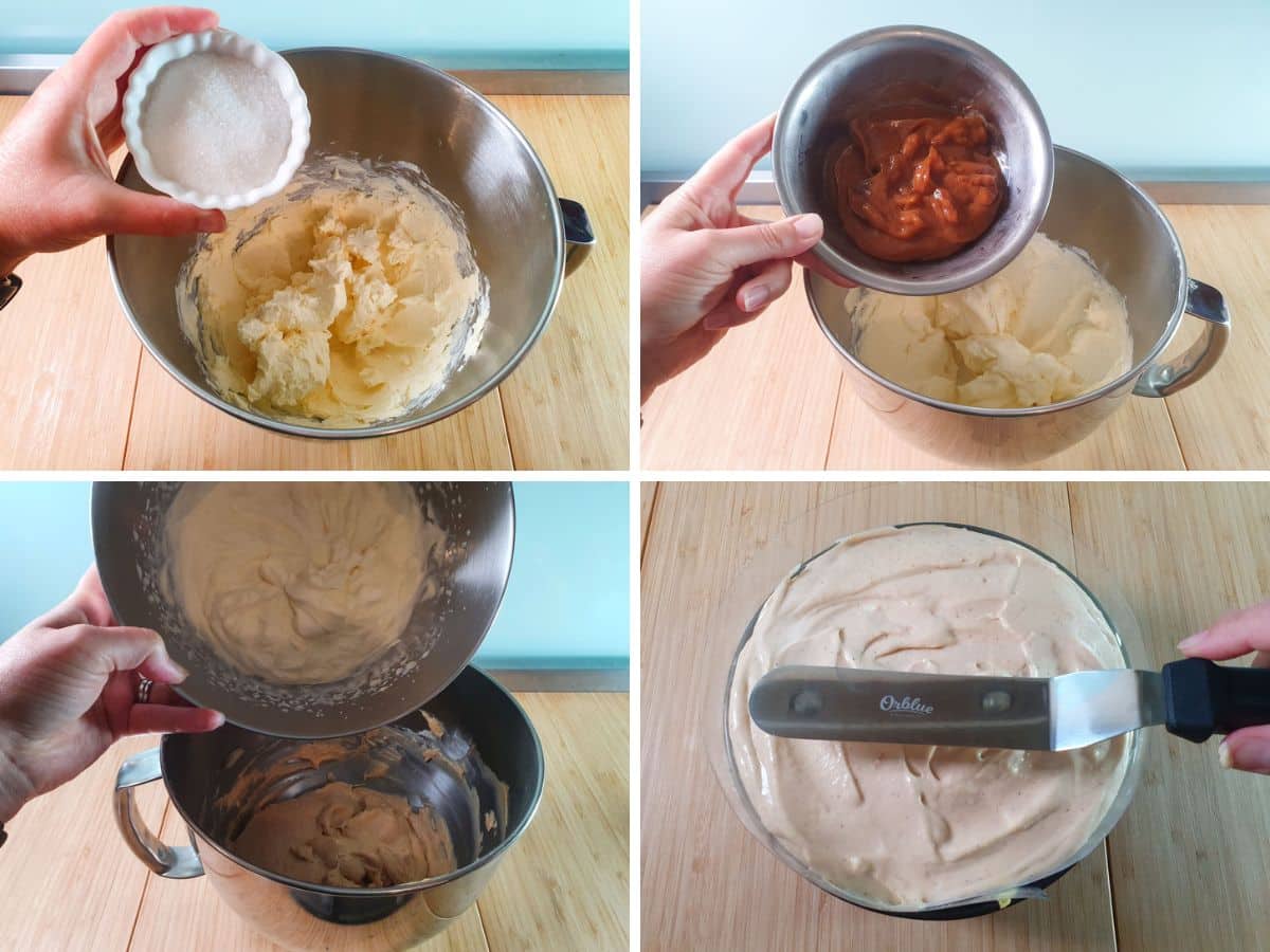 Process shots: adding sugar to softened cream cheese, adding peach puree, adding whipped cream with gelatin to cream cheese mix, smoothing cheesecake filling over base.