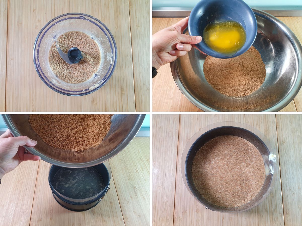 Process shots: blitzing broken up graham crackers into crumbs, adding melted butter and mixing, tipping into lined cake tin, firming down base and chilling.