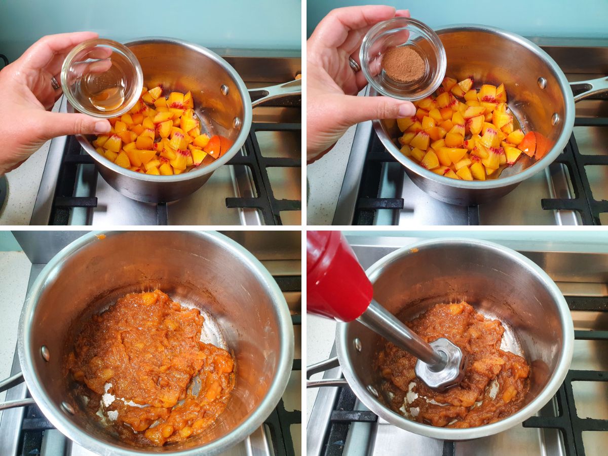 Peach Cheesecake 6 Process shots: adding vanilla and cinnamon to diced peaches, cooking down to thick jammy consistency, blending with stick/immersion blender till smooth.