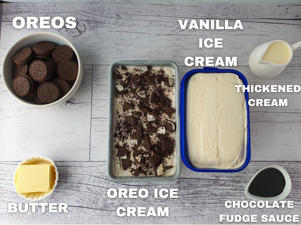 Ingredients: Oreos, butter, Oreo ice cream, vanilla ice cream, cream, chocolate fudge sauce.