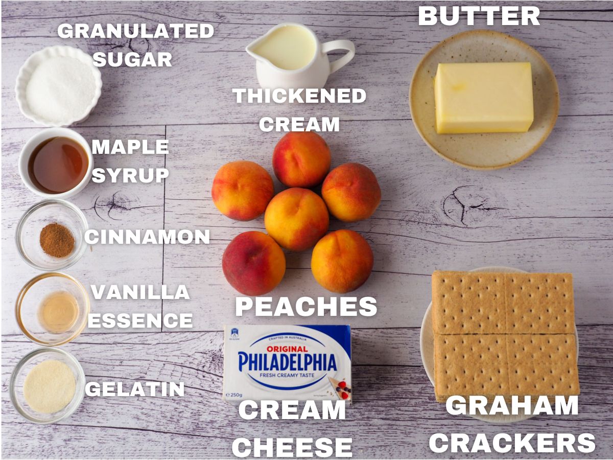 Peach Cheesecake 3 Ingredients: granulated sugar, maple syrup, cinnamon, vanilla essence, gelatin, cream, peaches, cream cheese, butter, graham crackers.