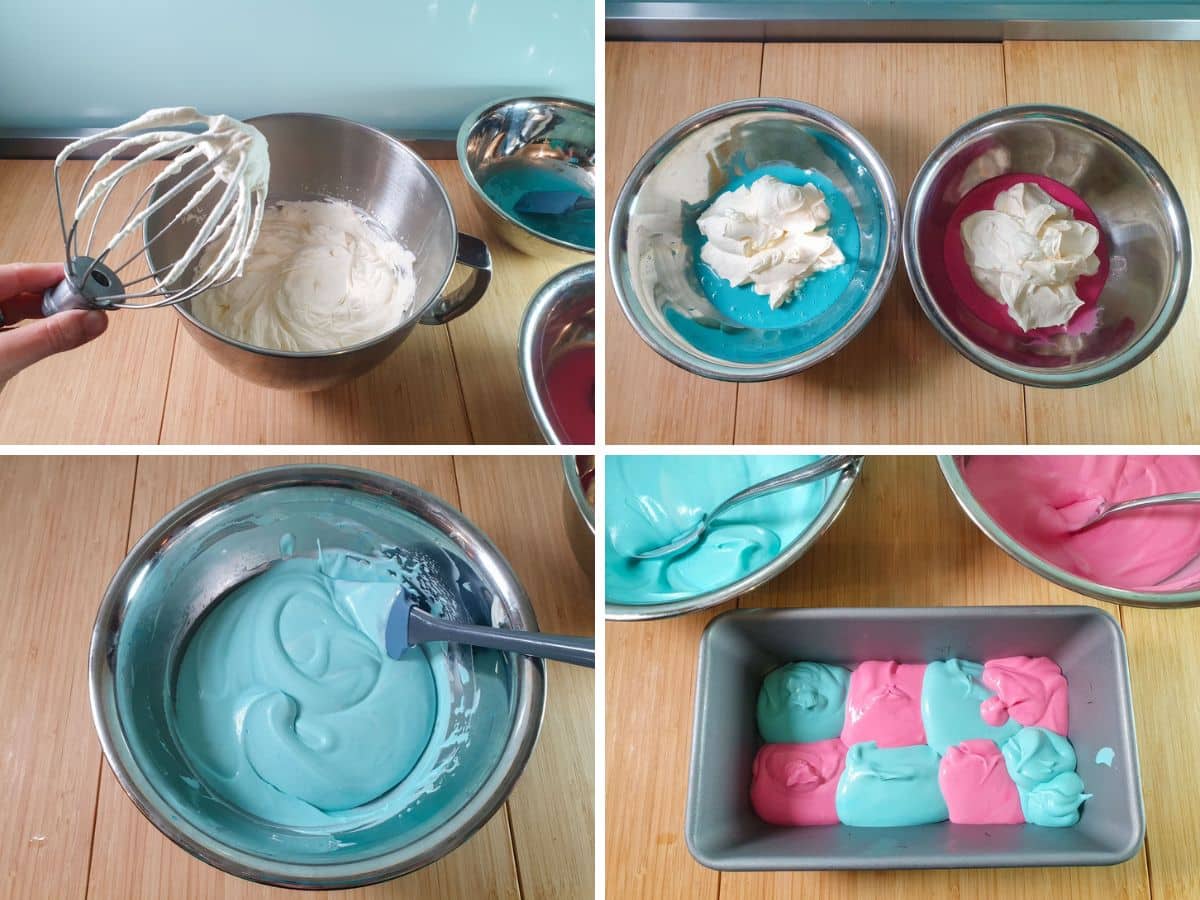 Process shots: cream whipped to firm peaks, dividing and mixing cream into colored sweetened condensed milk, adding alternating colors into container before freezing.