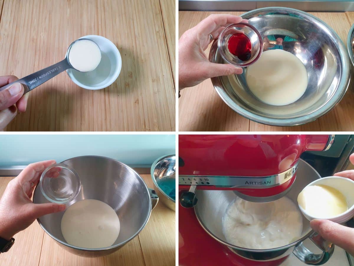 Process shots: adding cream to glucose syrup before heating and mixing, adding color to divided sweetened condensed milk, adding cotton cany flavoring and glucose mix to cream.