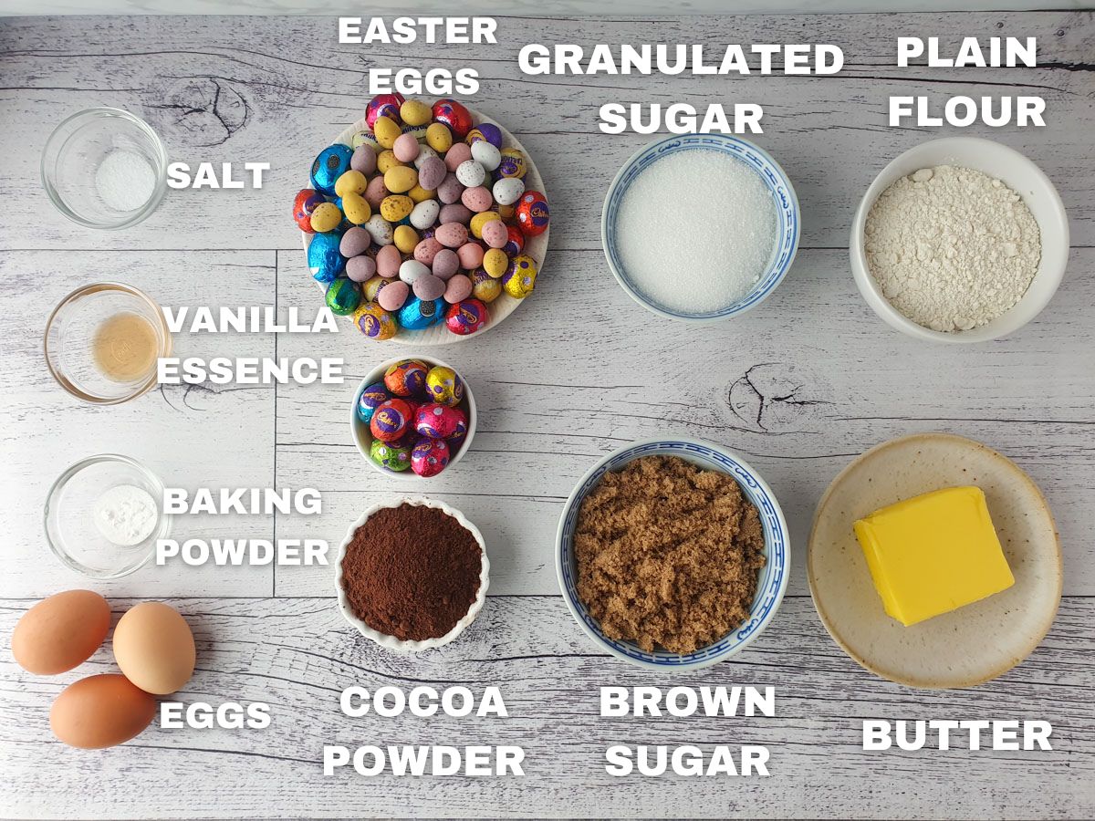 Ingredients: salt, vanilla essence, baking powder, eggs, Easter eggs, cocoa powder, granulated and brown sugar, plain flour, butter.
