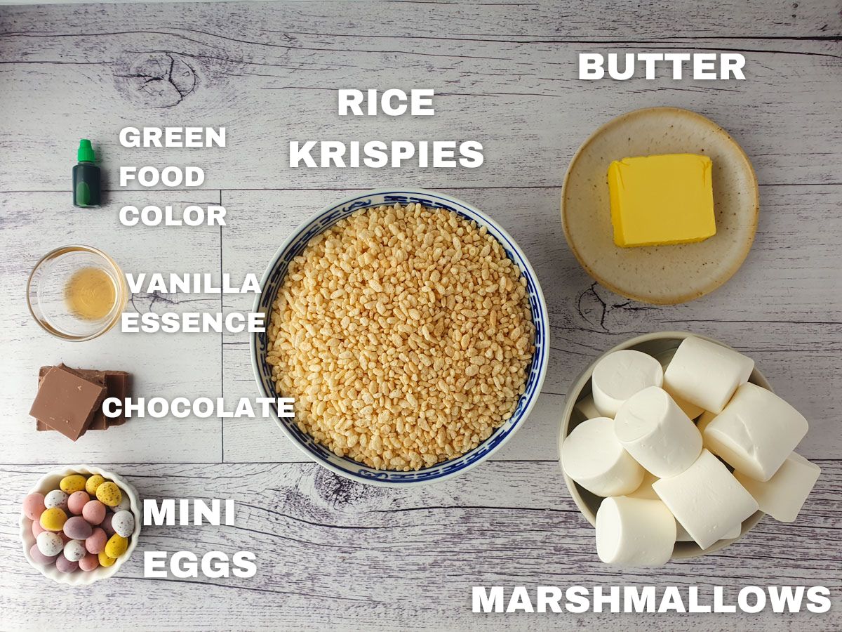 Ingredients: green food color, vanilla essence, chocolate, mini eggs, rice krispies, butter, marshmallows.