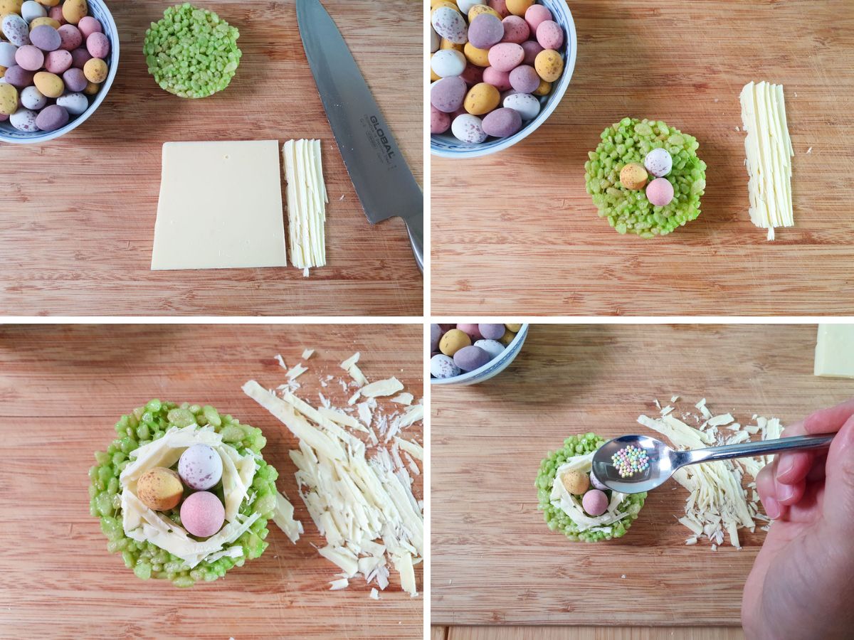 Easter Rice Krispie Treats 6 Process shots: chopping chocolate into sticks, adding mini eggs, building nest with chocolate, adding sprinkles.