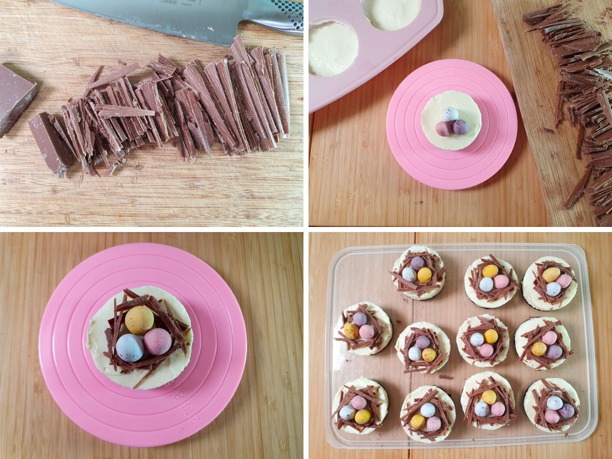 Process shots: chopping chocolate into sticks. Adding mini eggs, building chocolate nests around eggs, completed cheesecakes.