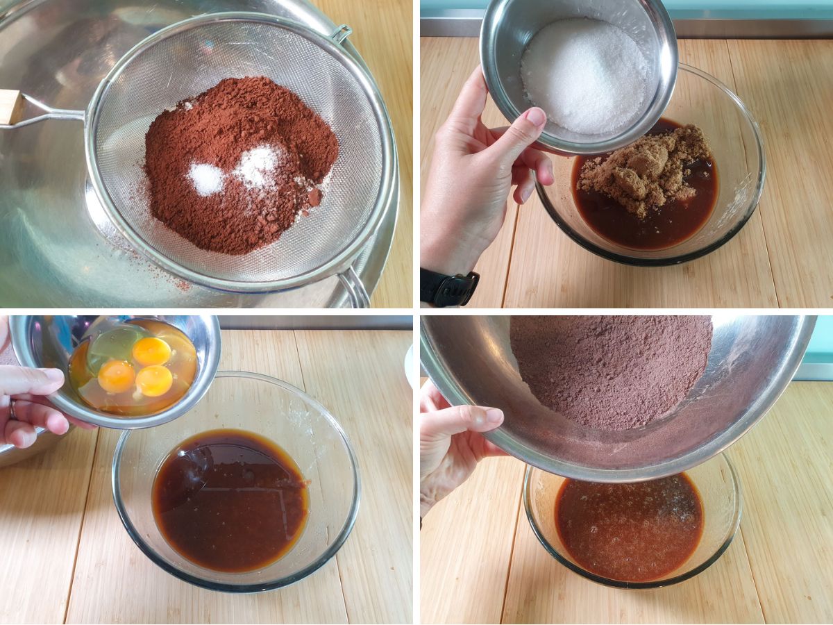 Process shots: sifting dry ingredients, adding white and brown sugar to melted butter and chocolate mix, adding vanilla and eggs, adding sifted, mixed dry ingredients.