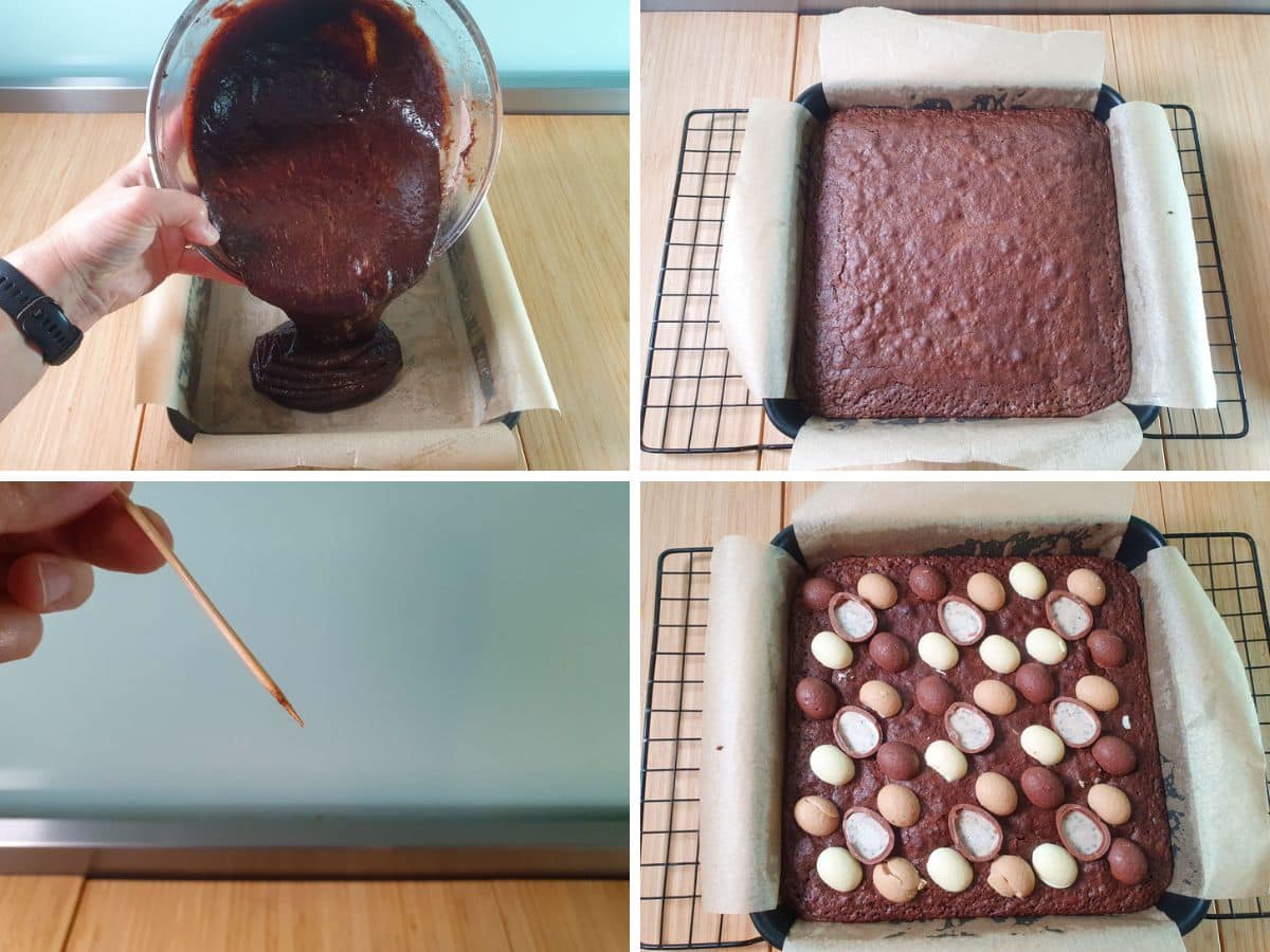 Process shots: pouring batter into lined cake tin, first cook on brownies, skewer showing brownie cooked but still fairly wet, adding cut in half Easter eggs to nearly cooked brownie.