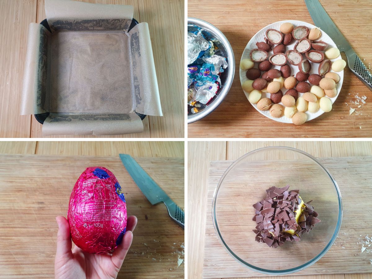 Process shots: greasing and lining cake int, wrapping and slicing in half small Easter eggs, unwrapping large Easter eggs, putting broken up large egg and butter into a bowl to melt.