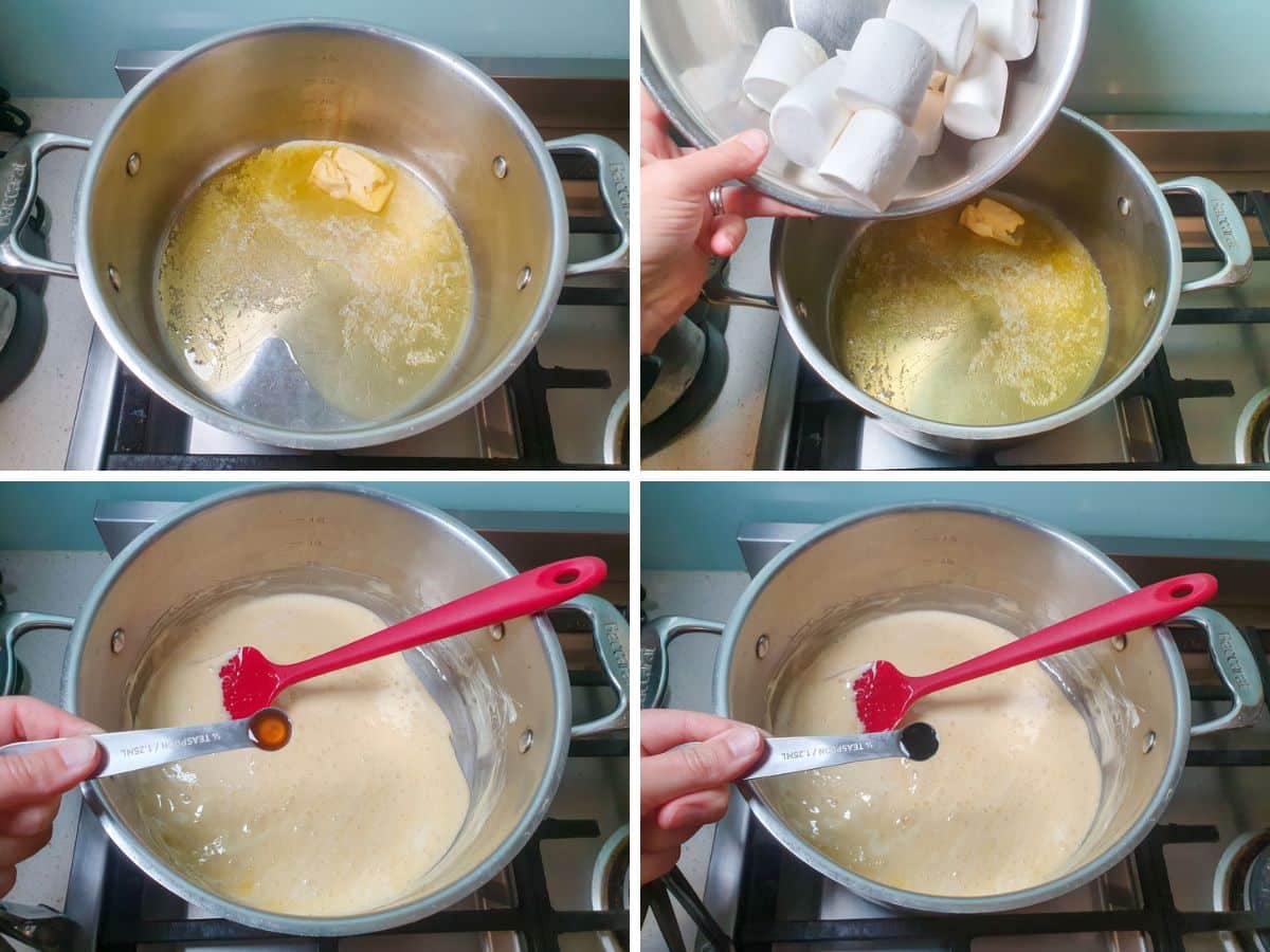 Process shots: melting butter, adding marshmallows, adding vanilla and green food color to melted butter and marshmallow mix.