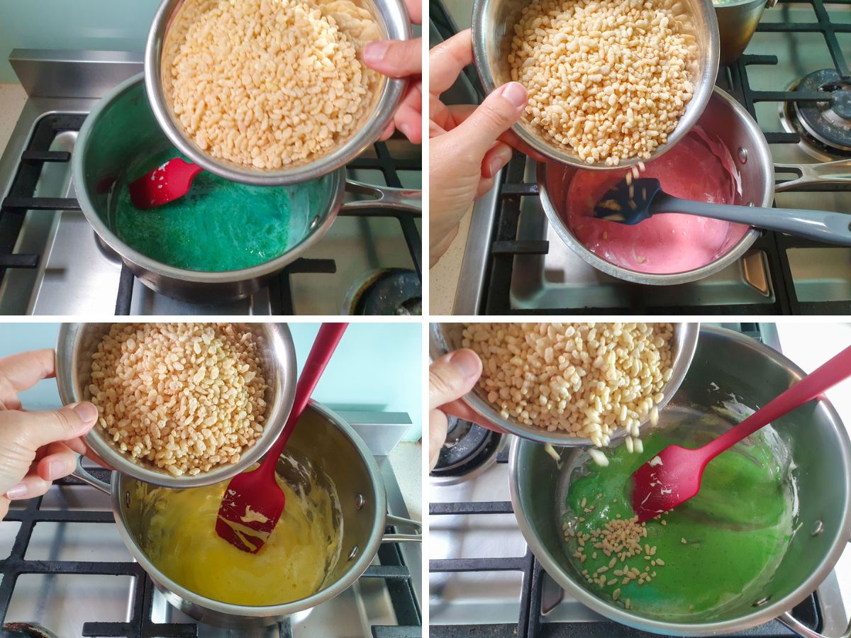 Process shots: adding rice krispies to each of the four different colored melted peeps and butter mixes.