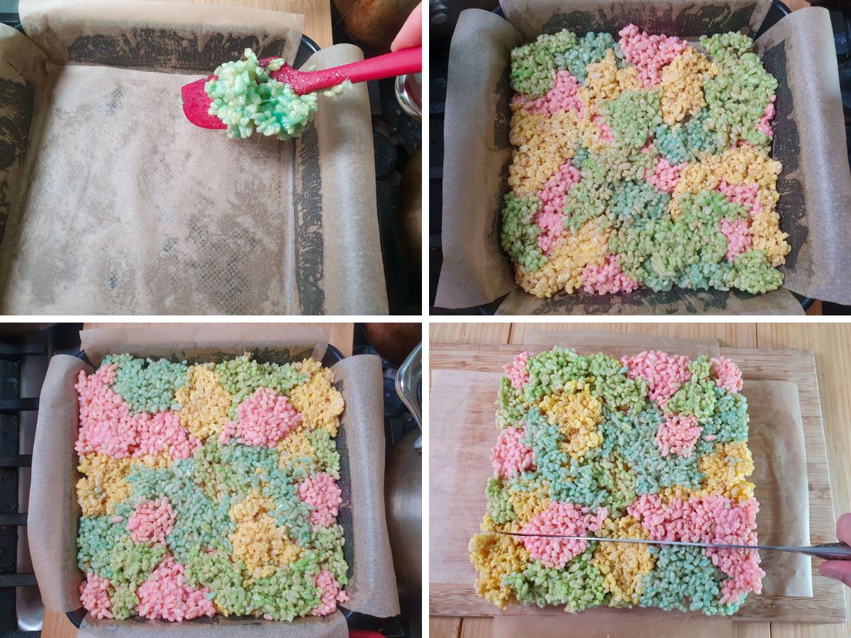 Process shots: layering spatula fulls of different colored peeps mix into a lined tin in a haphazard pattern. Adding about three vertical layers until all mixes used up.