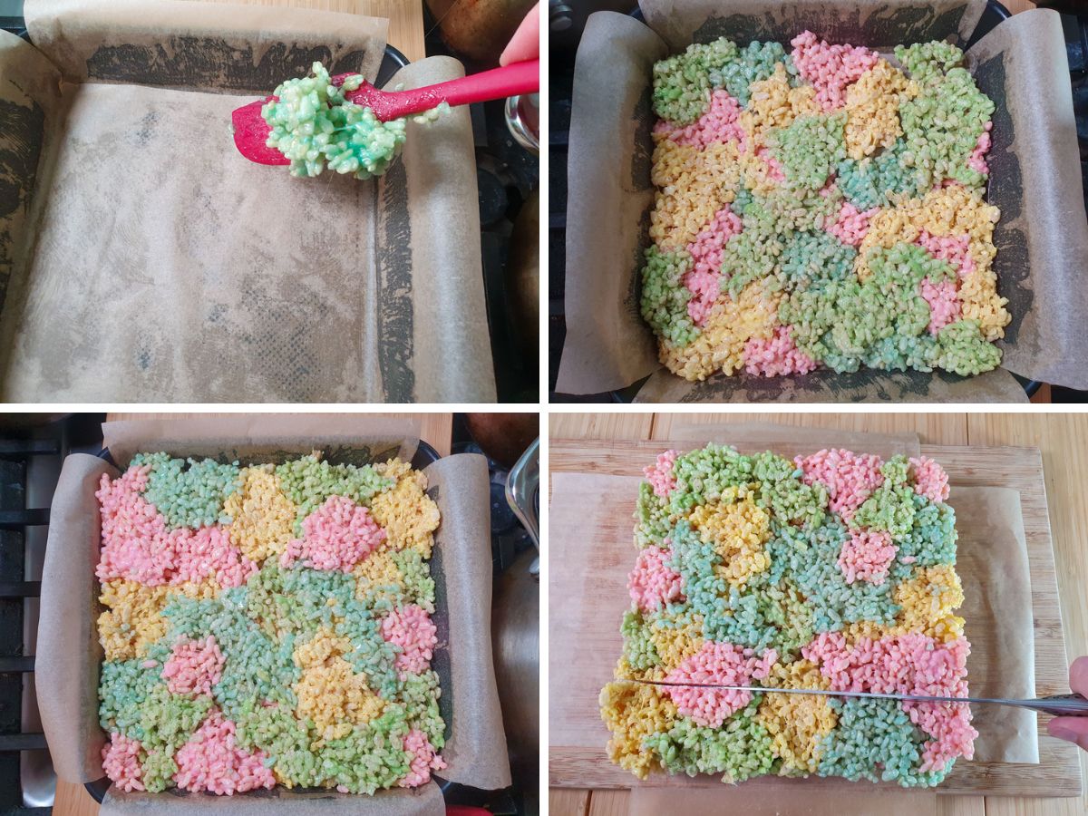Peeps Rice Krispies Treats 6 Process shots: layering spatula fulls of different colored peeps mix into a lined tin in a haphazard pattern. Adding about three vertical layers until all mixes used up.