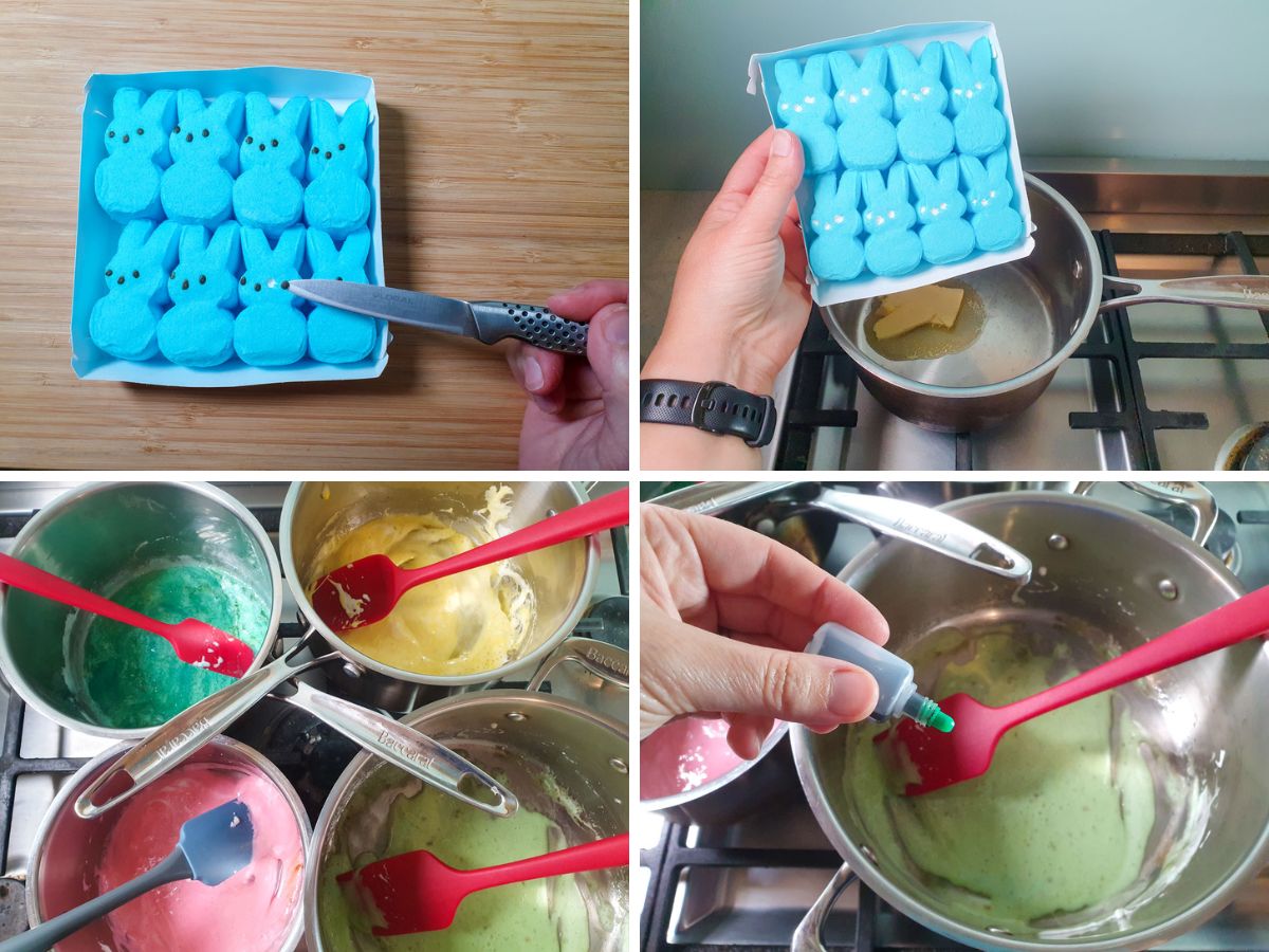 Peeps Rice Krispies Treats 4 Process shots: picking the eyes off the peeps with a small knife, adding peeps to melted butter, four different colored peeps and butter mixes, adding food color to some mixes.
