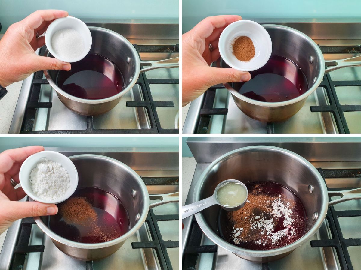 Process shots: making the cherry topping, adding cherry juice, sugar, cinnamon, corn clour and lemon juice to a pot.