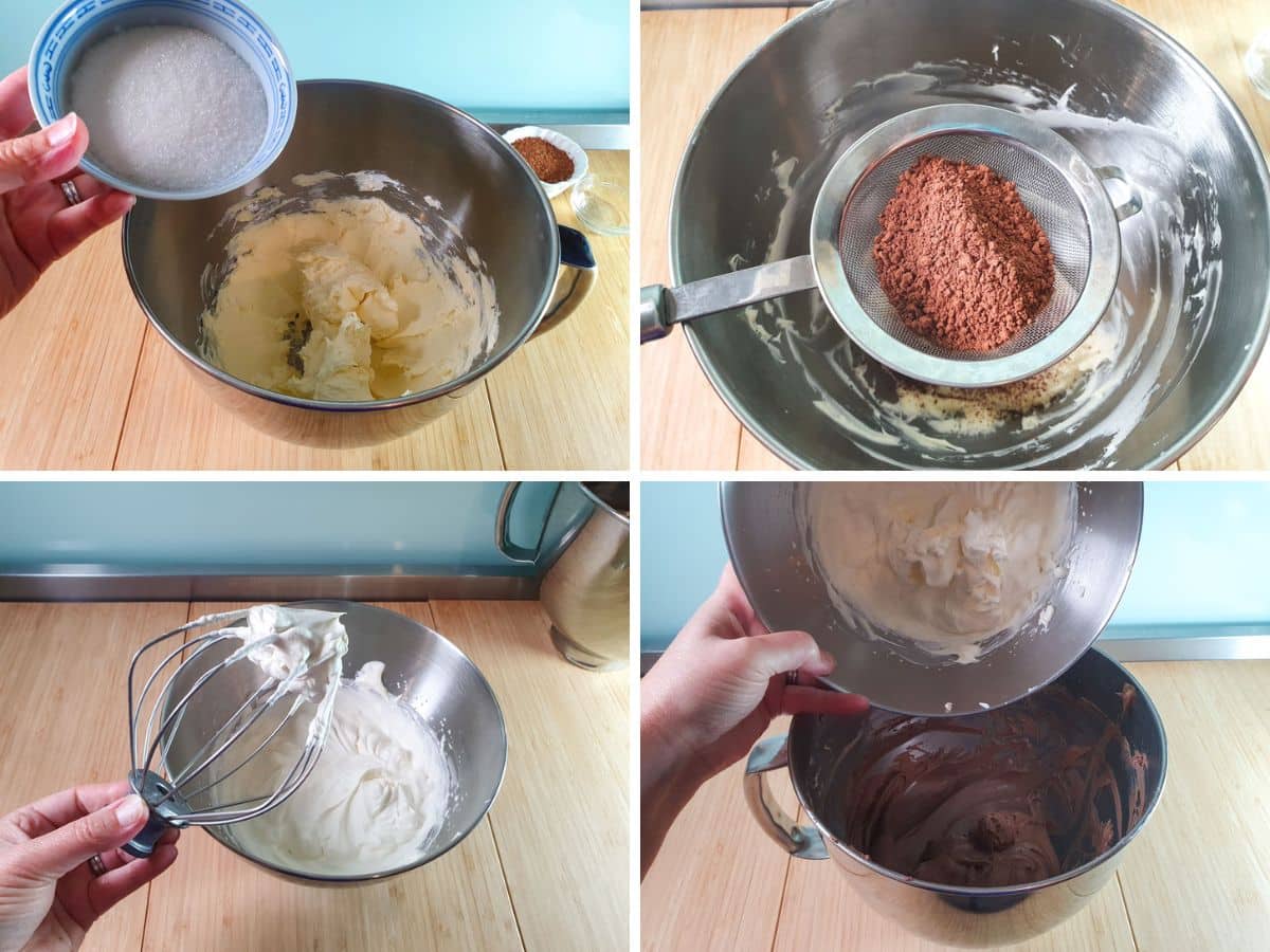 Black Forest Cheesecake 5 Process shots: adding sugar to softened cream cheese, sifting cocoa power into cream cheese, whipping cream, adding whipped cream to cream cheese mix.