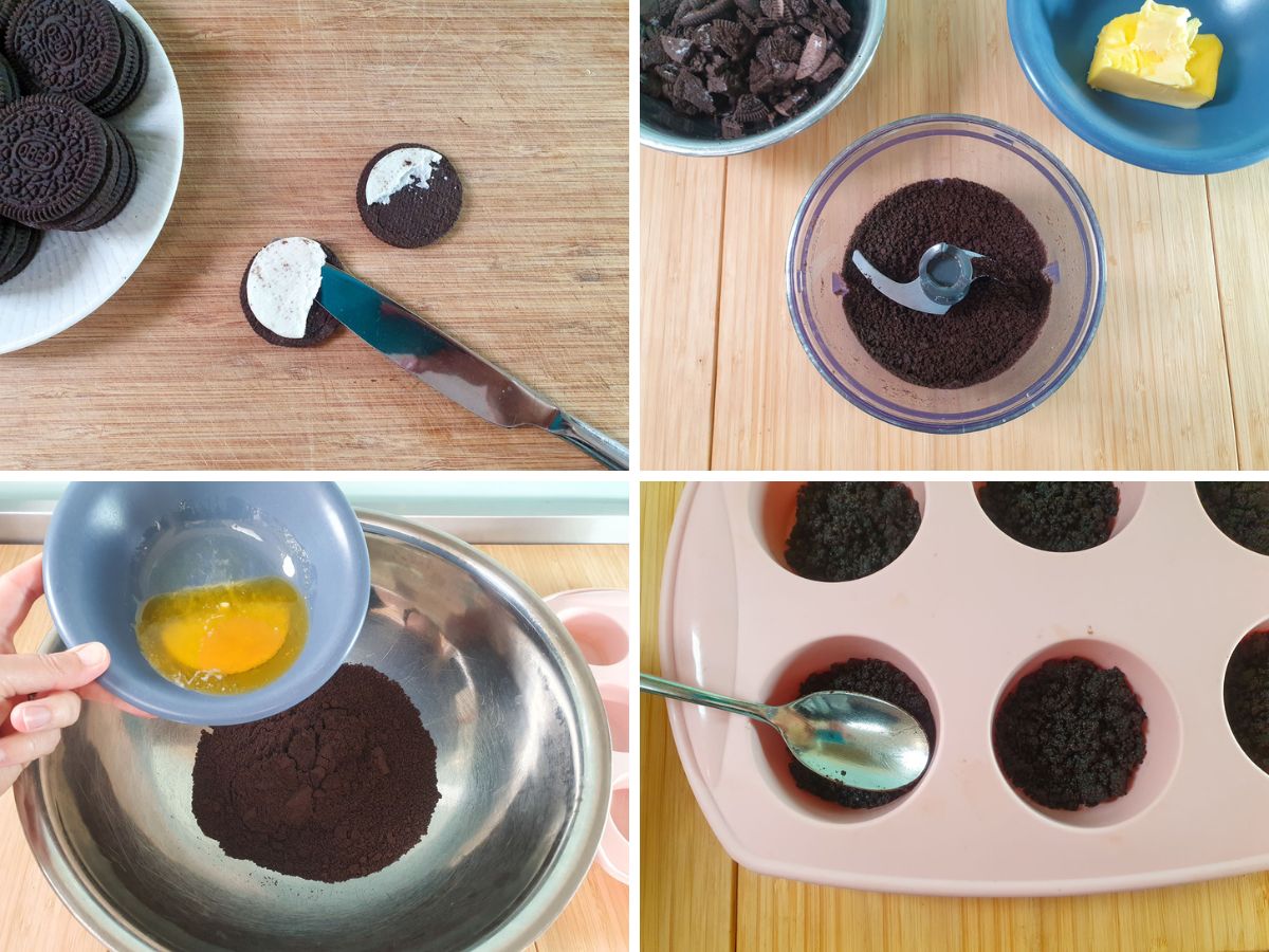 Process shots: removing filling from Oreos, blitzing Oreo pieces into breadcrumbs, adding melted butter to cookie crumbs, pressing cookie base mix into molds with a spoon.