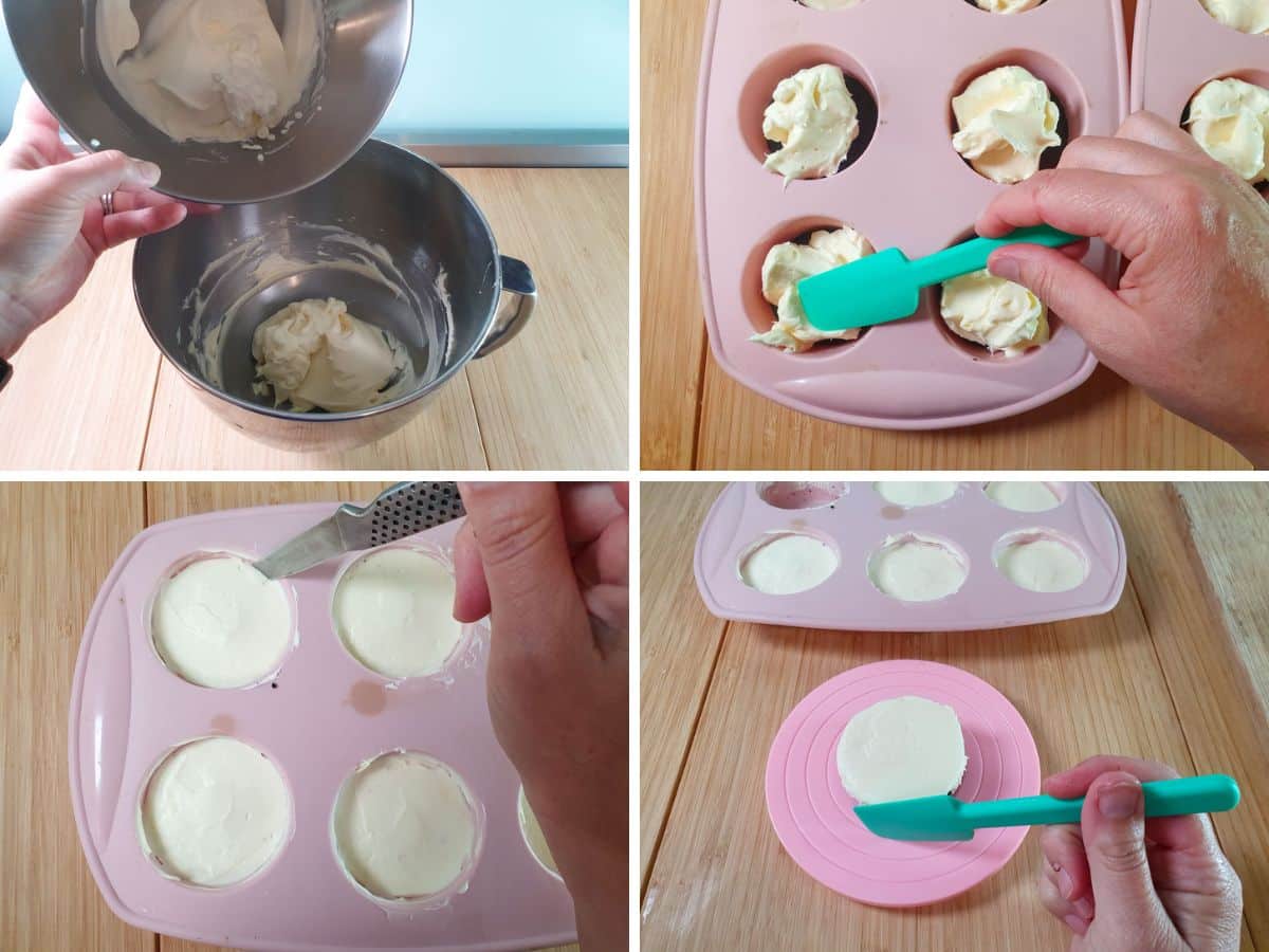 Mini Egg Cheesecakes 6 Process shots: adding whipped cream to cream cheese mix, smoothing filling onto bases, running a knife around edge of set cheesecakes, smoothing edges with a spatula.