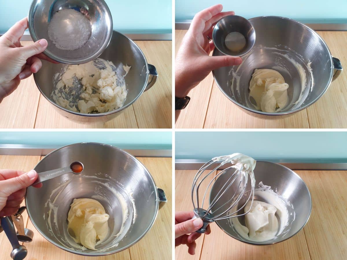 Mini Egg Cheesecakes 5 Process shots: adding sugar, lemon and vanilla to softened cream cheese. Whipping cream in a separate bowl until firm peaks form.