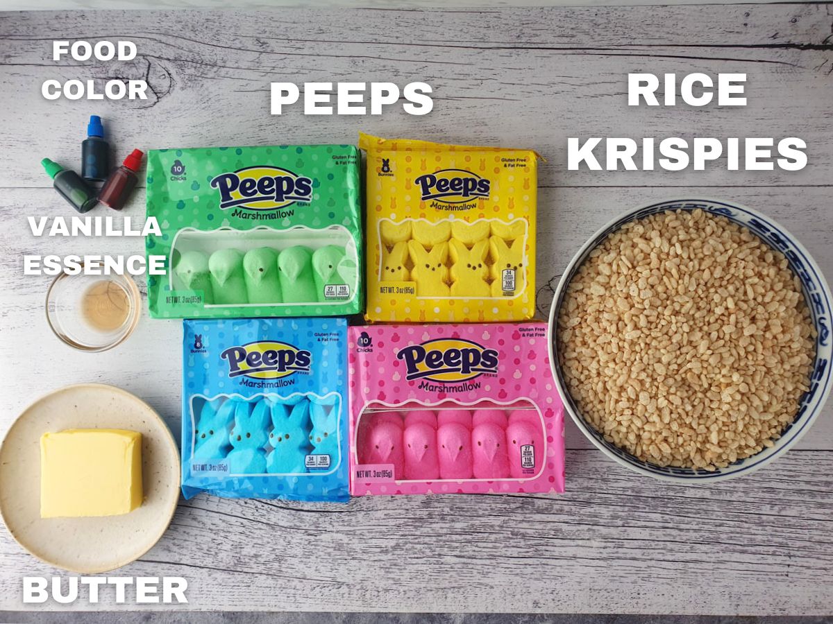 Ingredients: food color, vanilla extract, butter, 4 different colored peeps, rice krispies.