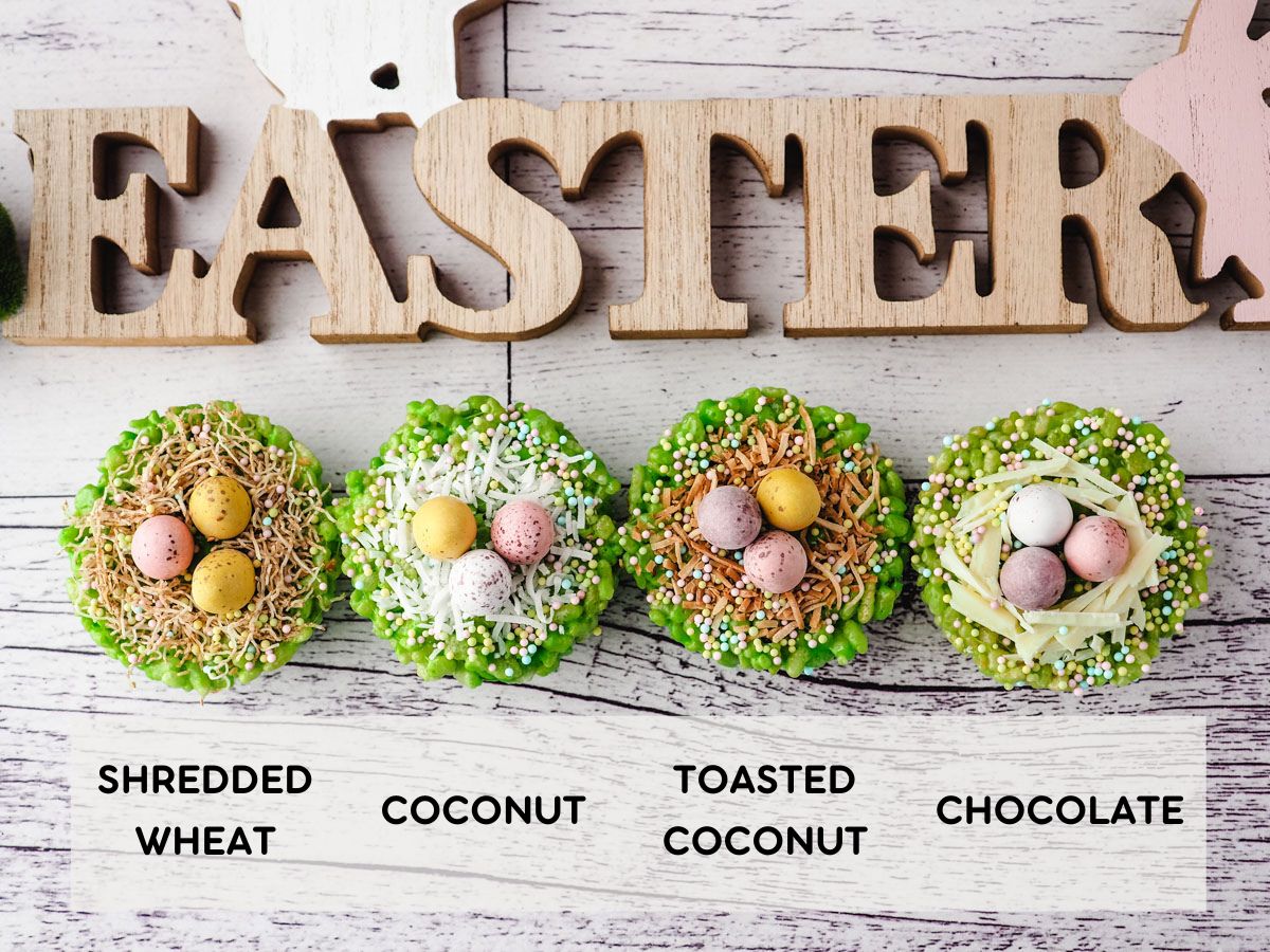 Easter Rice Krispie Treats 8 Variations for sticks for nests, shredded wheat, coconut, toasted coconut and chocolate.