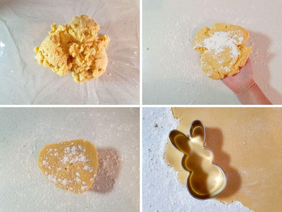 Process shots: mixed dough ready to chill, lightly rolling then flipping dough, rolling dough, cutting out dough.