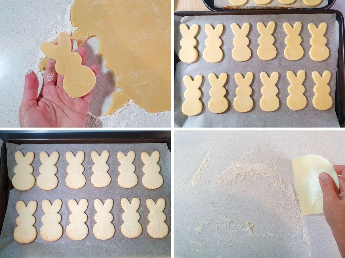 Process shots: putting cut out cookies onto a tray, cookies on tray ready to bake, baked cookies, cleaning bench with plastic dough tool.