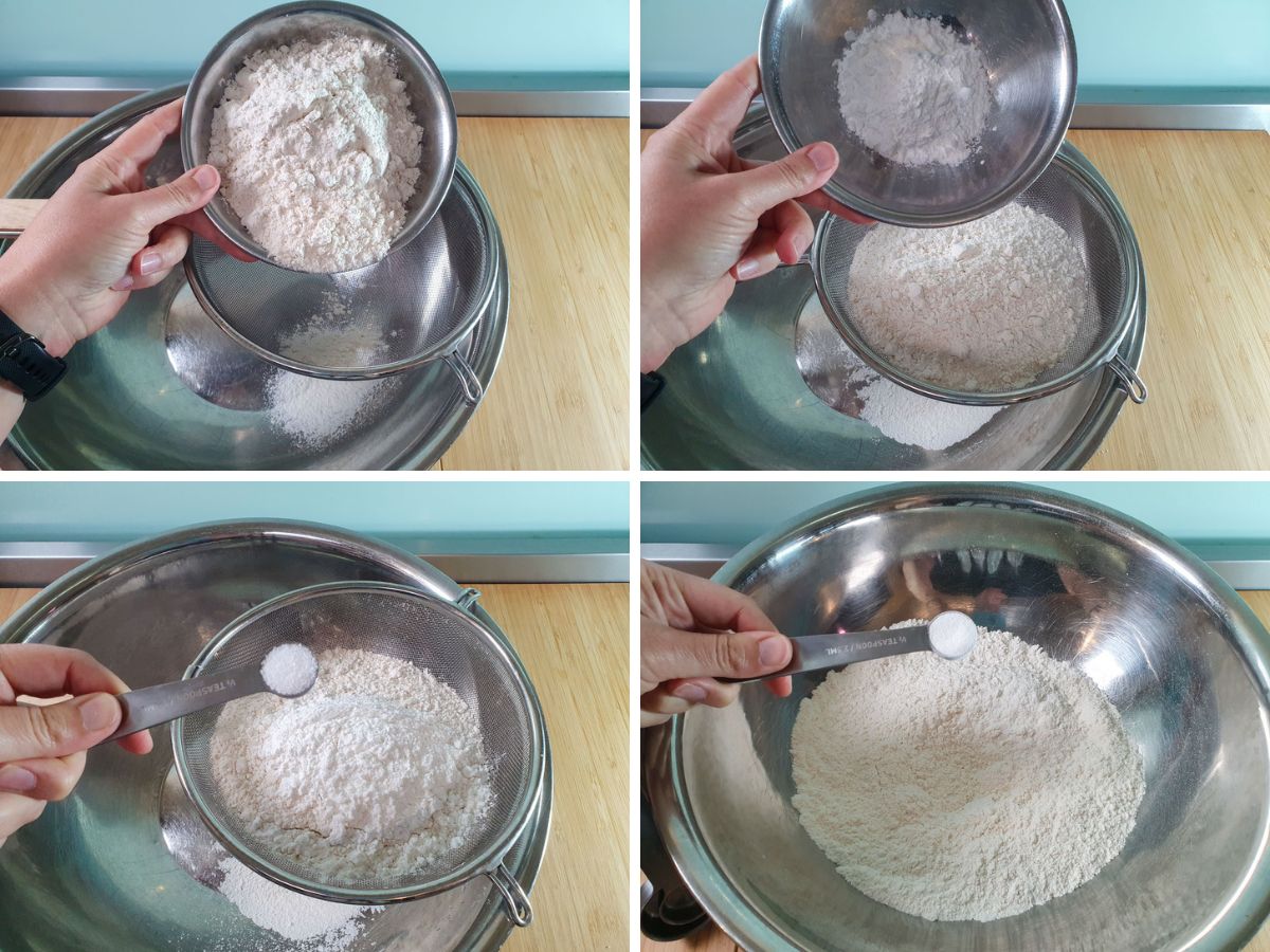 Process shots: sifting flour, corn flour, salt and baking powder together.