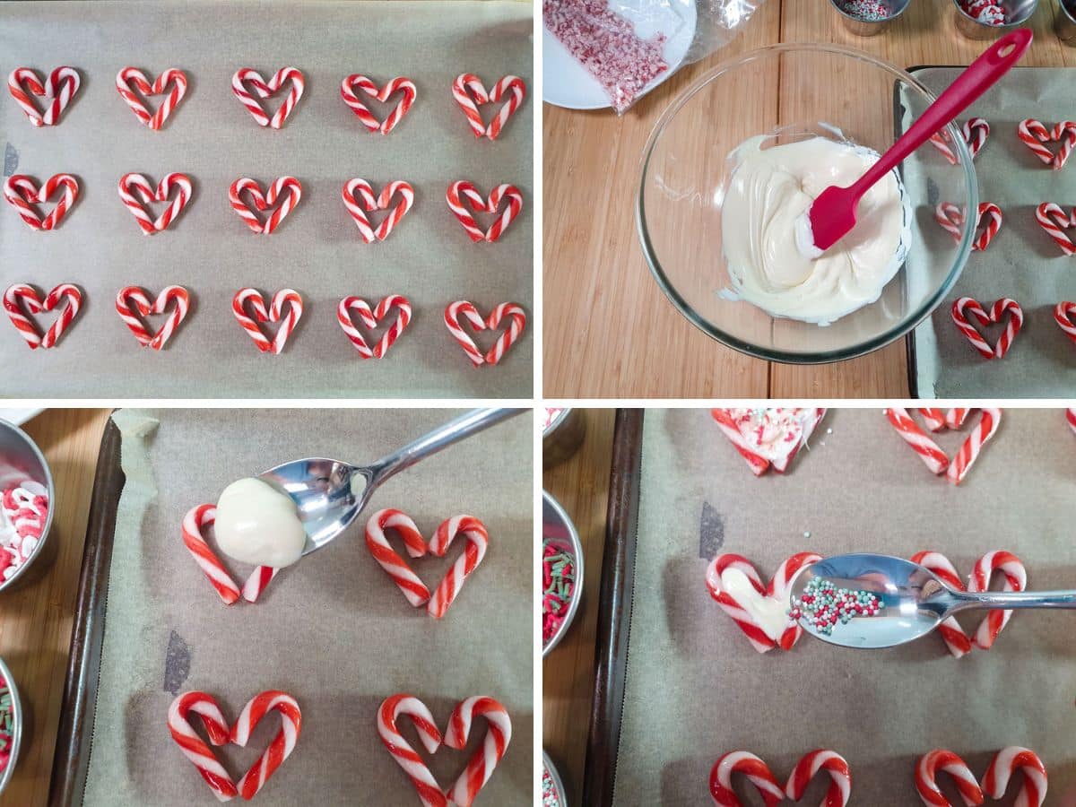 Process shots: lining up candy canes to form hearts, melting chocolate, spooning chocolate into hearts, sprinkling with sprinkles.