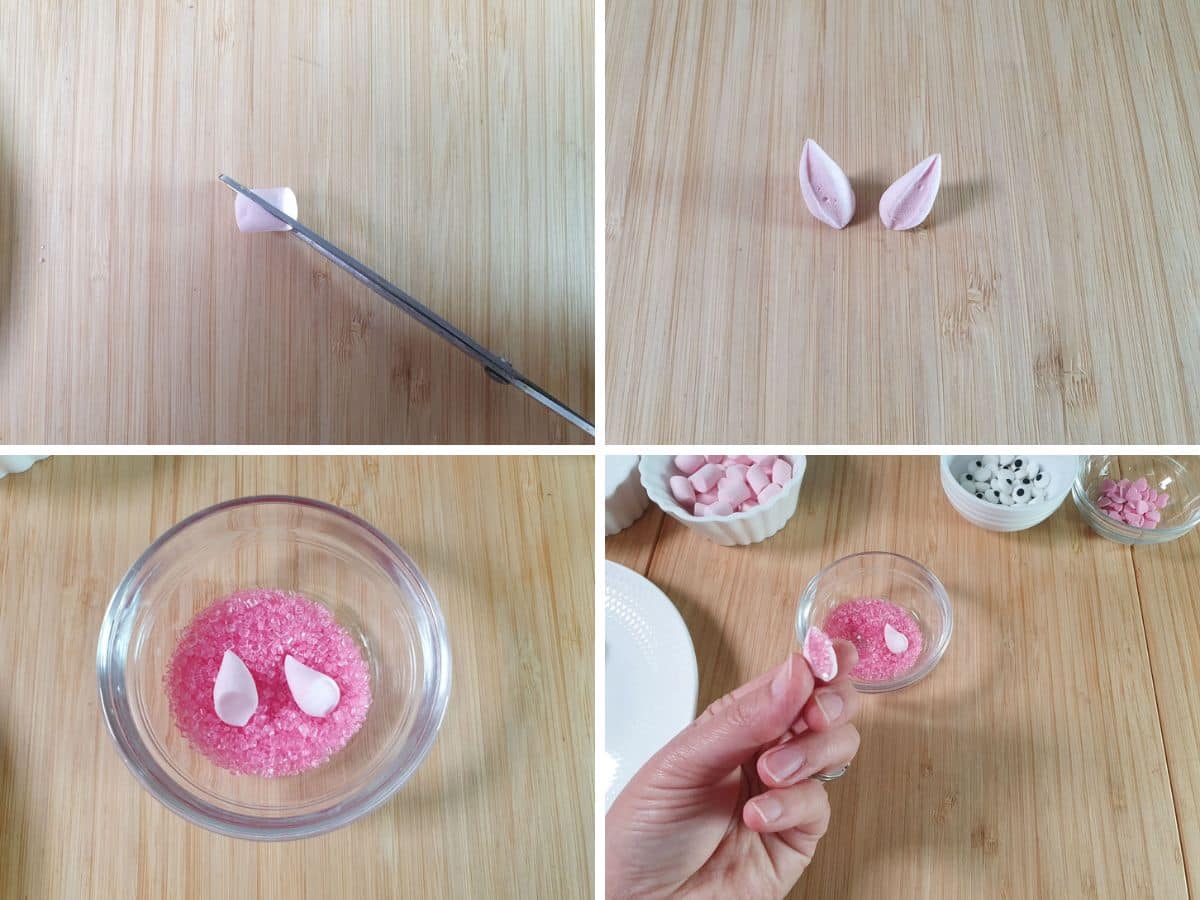 Decorating cookies: cutting mini marshmallows in half, dipping cut side into sugar sand.