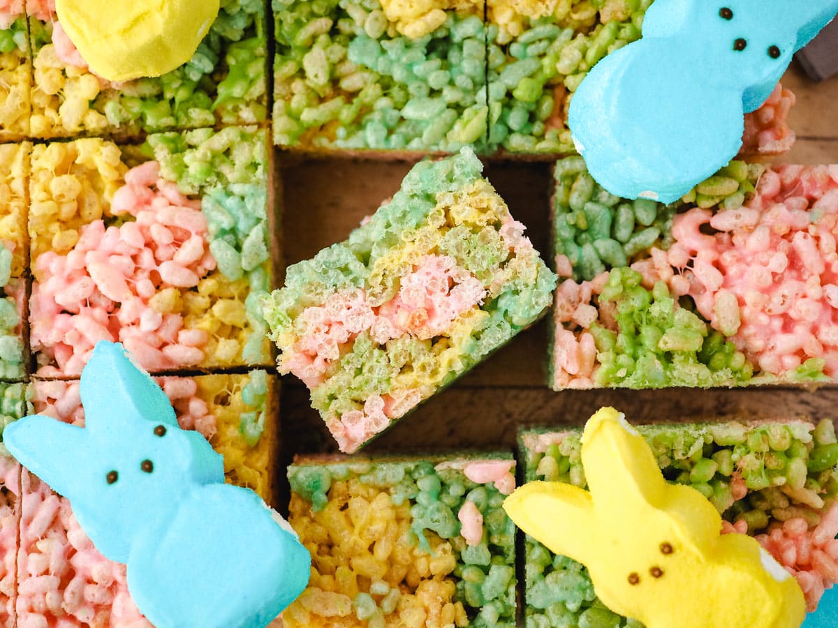 Close-up Peeps rice krispie treats with Peeps.