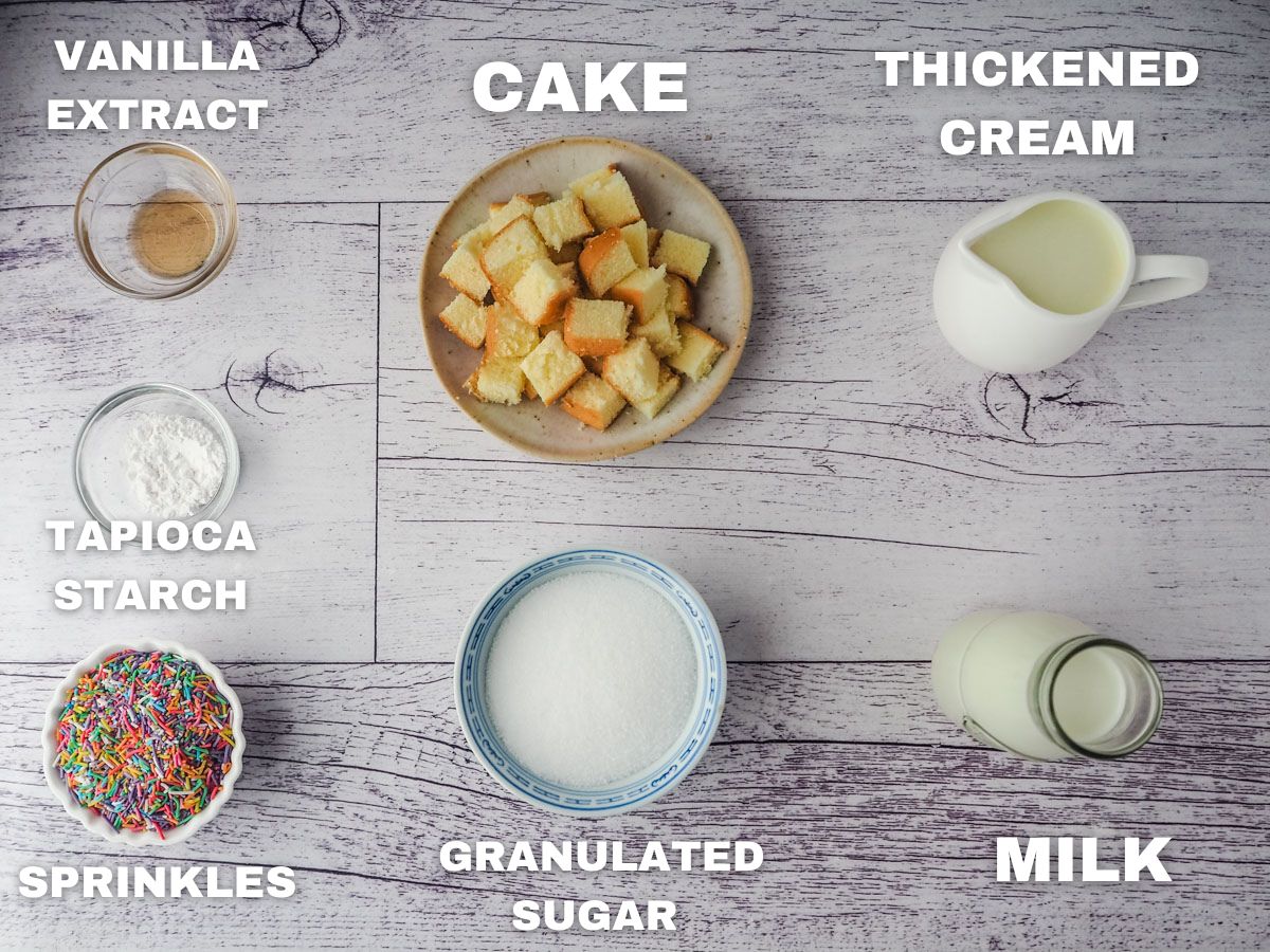 Birthday Cake Ice Cream 3 Ingredients: vanilla extract, tapioca starch, sprinkles, cake, granulated sugar, thickened cream, milk.