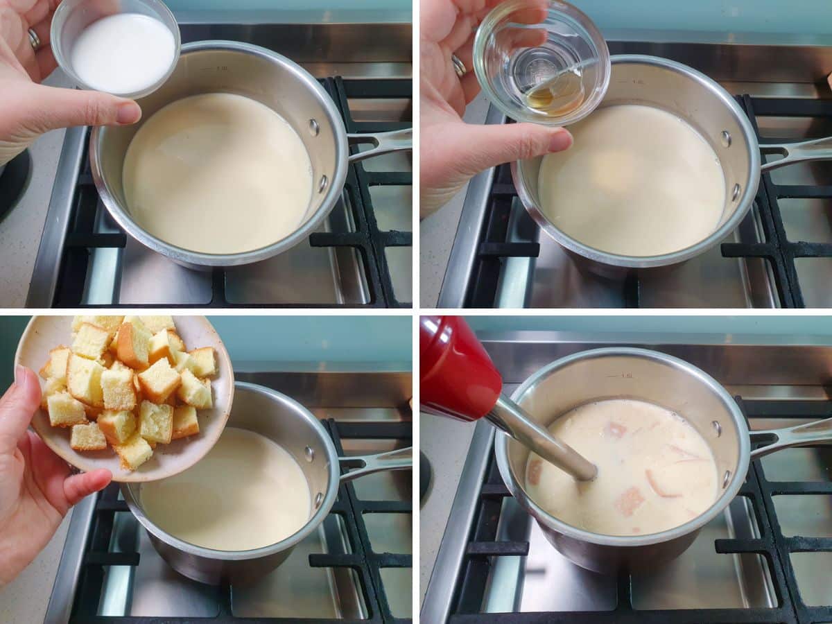 Process shots: adding tapioca starch slurry, vanilla and cake pieces, blending soaked cake pieces with an immersion blender.