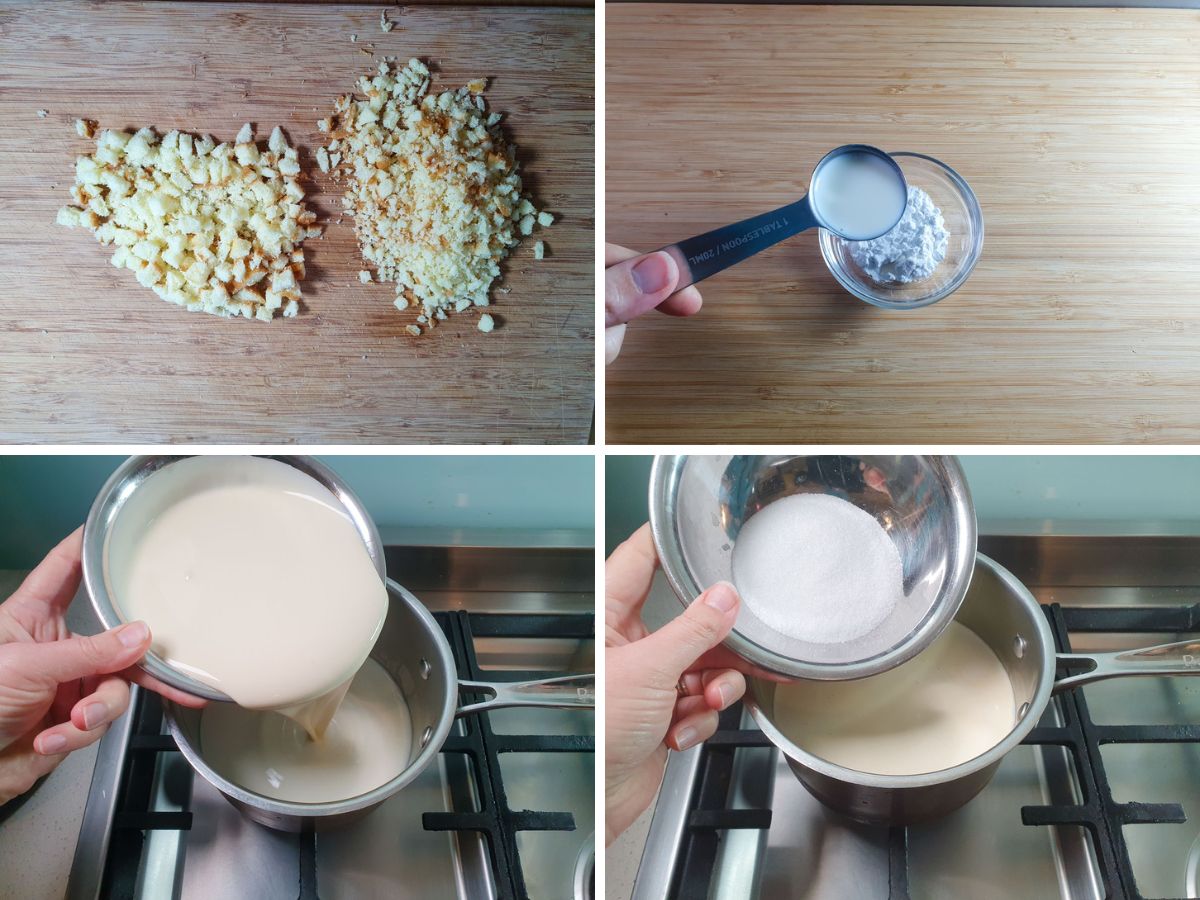 Process shots: chopping cake into small pieces, mixing milk and tapioca starch, adding milk, cream and sugar to a pot on the stove.