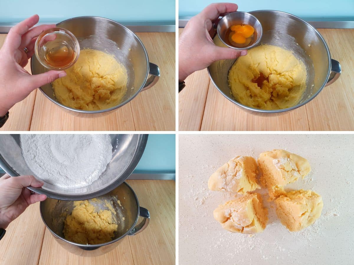 Process shots: adding vanilla, then egg, then sifted dry ingredients to creamed butter and sugar, dividing dough into four.