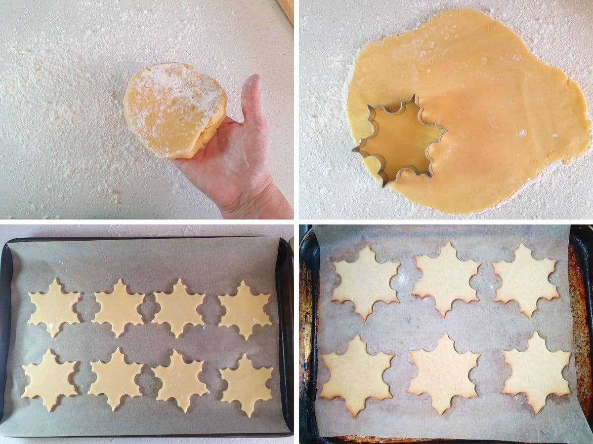 Snowflake Cookies 8 Process shots: turning lightly rolled dough over, cutting out snowflake shapes, putting onto lined tray, cookies after baking.